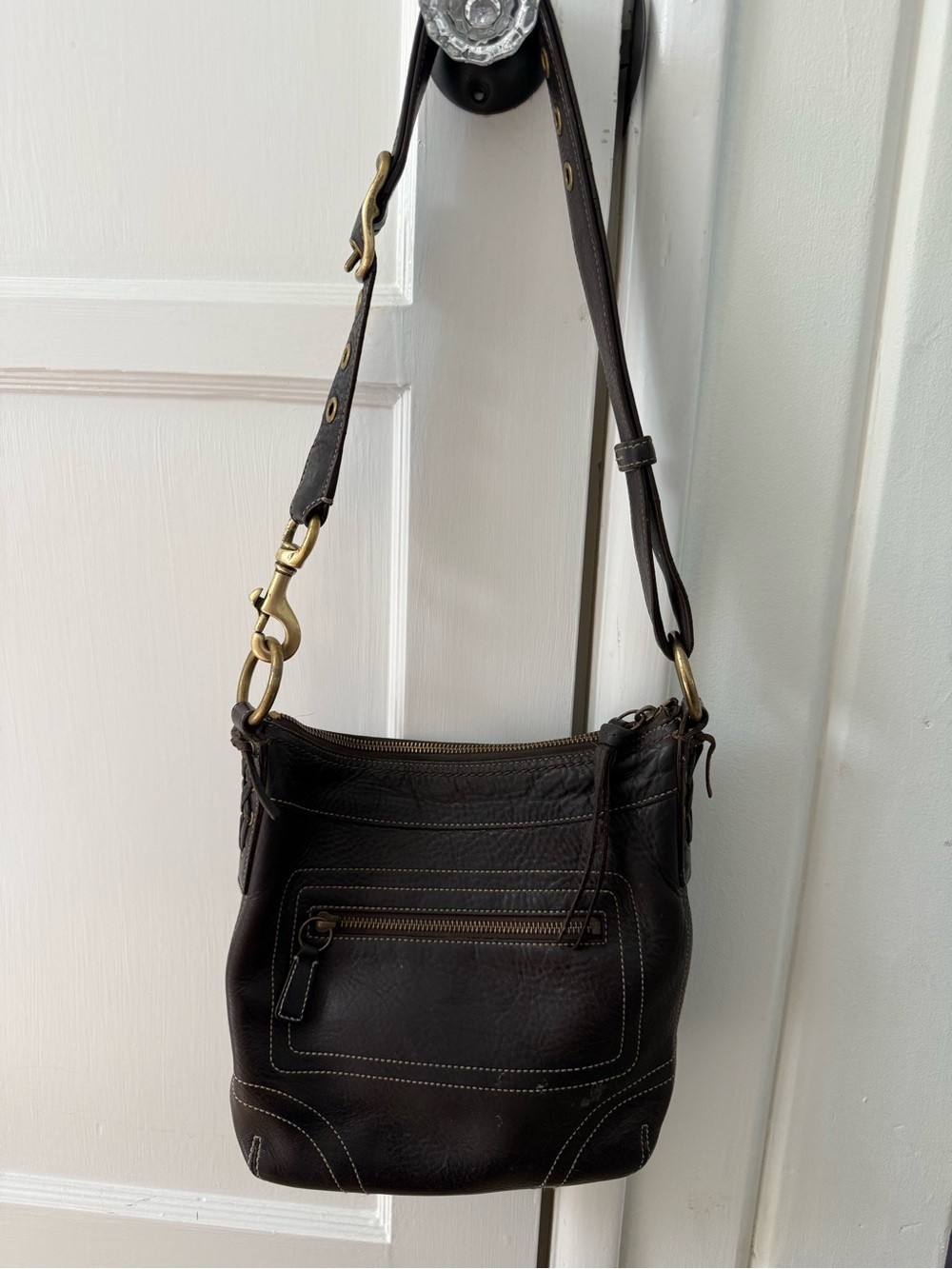 Coach Brown Pebbled Leather Crossbody Bag Brass Hardware Slim Duffle Hobo 10398